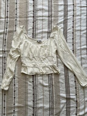 Cream Long-Sleeve Peplum Crop Top